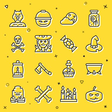 Set hattı, Balkabağı, Cadılar Bayramı cadı kazanı, cadı şapkası, ay ve yıldızlar, Kurukafa çapraz kemikleri, Krampus, Heck ve Candy ikonu. Vektör