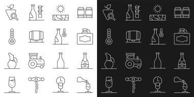 Şarap tatma, degukasyon, şampanya şişesi, karton şarap kutusu, kuraklık, tahta fıçı, Meteoroloji termometresi, üzüm ve sıcaklık ikonu. Vektör