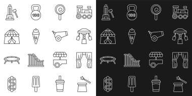 Sihirli şapka ve sihirli sirk perdesi çekici atlıkarınca lolipop dondurmalı waffle konisi çekiciyi çekiç ve top ikonu ile çeker. Vektör.