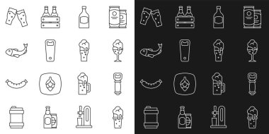 Bir bardak bira şişesi, bira şişesi kurutulmuş balık ve ikon. Vektör.