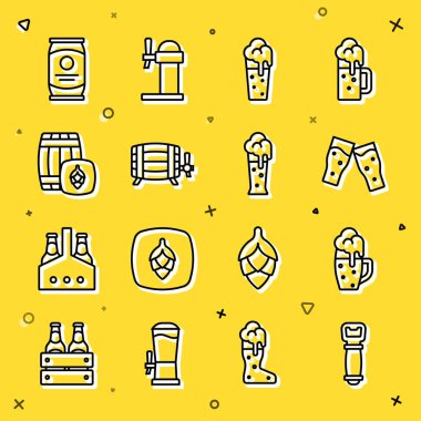 Bira şişesi açacağı, tahta fıçı bira kutusu ve ikonu hazırlayın. Vektör.