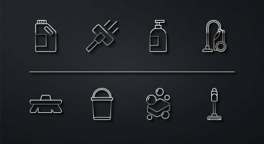 Temizlik elemanı fırça temizleyici kova sabun ve bulaşık deterjanı ikonu için şişe ayarla. Vektör.