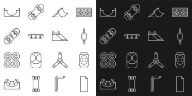 Kaykay dizlikleri, tornavida pisti kaykay pistinin merdivenlerinde kırık ve ikonlu şerit şeridi yerleştirin. Vektör.