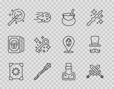 Eski zamanların sihirli kitabı ortaçağ cadı kazanı sihirli değneği ve eski anahtar asası iksir ve sihirbaz ikonu ile çizilmiş. Vektör.