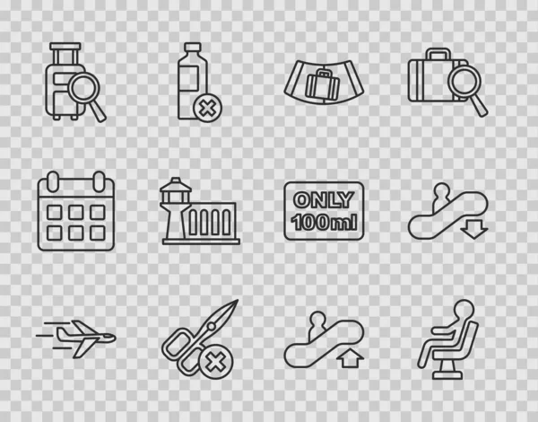 Set Line Plane Human Waiting Airport Terminal Conveyor Belt Suitcase — Vector de stock