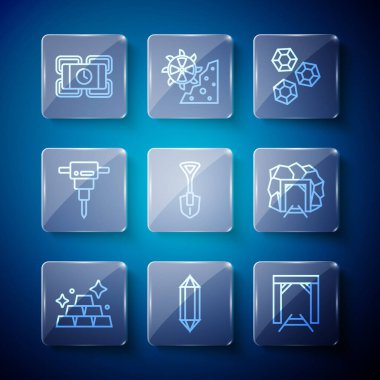 Altın külçeleri, Altın Madeni girişi, Kürek İnşaat kaya matkabı, dinamit ve ikon. Vektör.