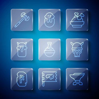 Sihirli Mühür Viking bayrağı Anvil 'i iksir kafalı tavuk şişi Ortaçağ kutup baltası ve Kafatası Viking miğfer ikonuyla demirlemek için hazırlayın. Vektör.