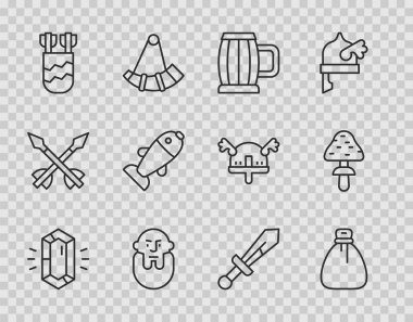 Mücevher Taşı Eski para çantası Tahta bira kupası Viking kafası, ok ve Ortaçağ kılıcı ve mantar ikonu. Vektör.