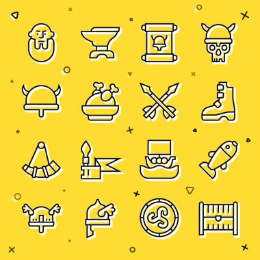 Antik hazine sandığı Antik Viking çizmeleri parşömen parşömeni, kızarmış hindi ya da Viking boynuzlu tavuk kafası ve ortaçağ ok ikonu. Vektör.