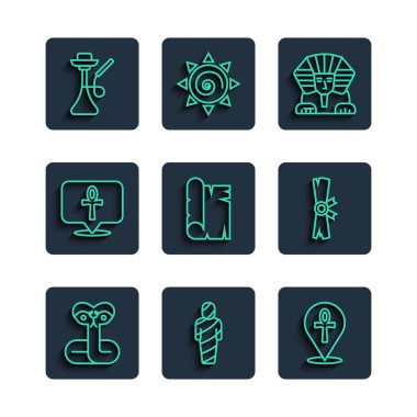 Yılan çizgisi Mısır mumya haçı ankh sfenks papirüs tomarı nargile ve ikon. Vektör.