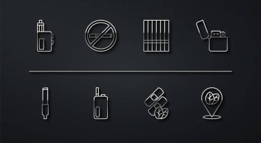 Vape mod cihazı Cigarette Lighter Medikal Nikotin bantları Elektronik sigara Sigara Sigara Sigara Sigara Sigara Tütün yaprağı ve ikonu yok. Vektör.