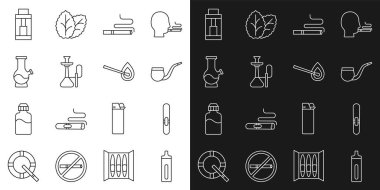 Elektronik sigara, pipo, nargile, nargile, nargile ve ateş ikonu ile yanma kibriti. Vektör.