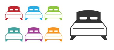 Beyaz arka planda iki ya da bir kişi için siyah büyük yatak. Simgeleri renklendirin. Vektör