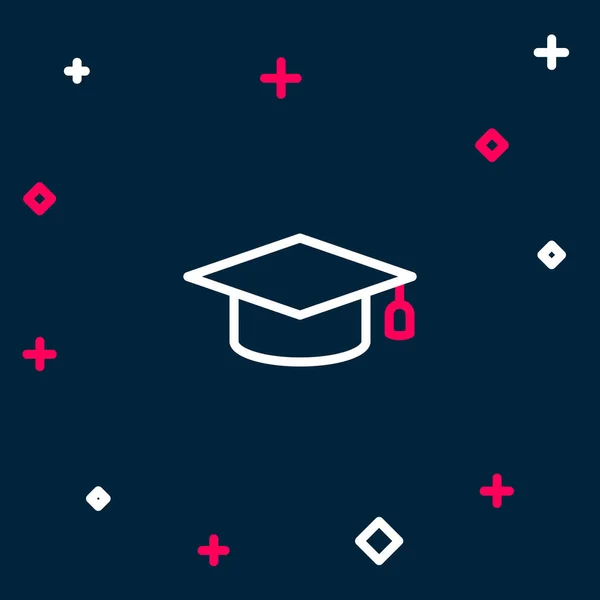 线条毕业帽图标孤立在蓝色背景上 有花生酱图标的毕业帽 五彩缤纷的概念 — 图库矢量图片