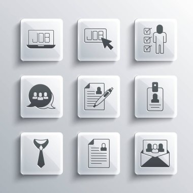 Özgeçmiş, Proje ekibi üssü, kimlik kartı, kravat, arama işi ve simge. Vektör