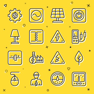 Çizgi ölçer, çoklu metre, Yaprak Eko sembolü, Güneş enerjisi paneli, elektrik trafosu, masa lambası, dişli ve şimşek ve yüksek voltaj ikonu. Vektör