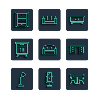 Masa lambası, büyük boy ayna, sandalye, mobilya sehpası, Kol sandalyesi, Gardırop ve ofis masa ikonu. Vektör