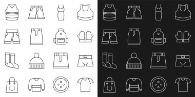 Set hattı tişörtü, erkek iç çamaşırı, Noel eldiveni, kadın elbisesi, etek, kısa ya da kısa atlet ve okul sırt çantası ikonu. Vektör