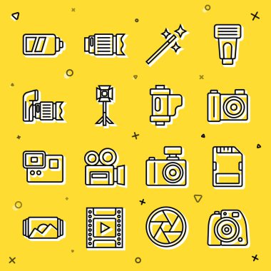 Foto kamera, SD kart, rötuş, Stüdyo ampul softbox, batarya for ve kamera film rulo ikonu ayarlayın. Vektör