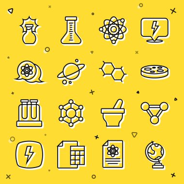 Dünya küresi, molekül, bakterili Petri kabı, Atom, Satürn gezegeni, matarada patlama ve kimyasal formül ikonu. Vektör