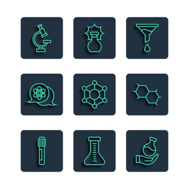 Hat Test Tüpü, Huni veya filtre, Molekül, Atom, Mikroskop ve Kimyasal Formül simgesini ayarlayın. Vektör