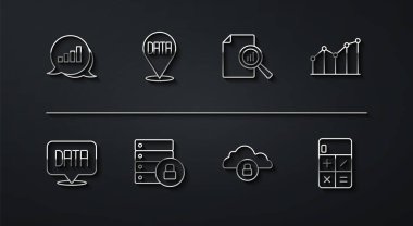 Çizgi çizelgesi bilgisini, veri analizini, bulut bilgisayar kilidini, asma kilitli sunucu güvenliğini, hesap makinesi ve belge simgesini ayarla. Vektör