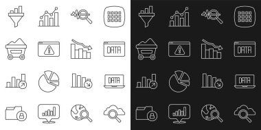 Hat Arama Bulut hesaplama, Veri Analizi, Veri Analizi, Ünlem İşaretli Tarayıcı, Kömür madeni Tramvayı, Satış huni şeması ve Finansal Büyüme İkonu 'nu ayarla. Vektör