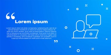 Beyaz çizgi Freelancer simgesi mavi arkaplanda izole edildi. Evinde dizüstü bilgisayarla çalışan serbest çalışan bir adam. Çevrimiçi iş, uzak iş kavramı. Vektör