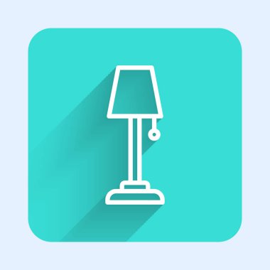 Beyaz çizgi zemin lamba ikonu uzun gölge arkaplan izole. Yeşil kare düğmesi. Vektör