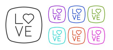 Siyah satır Aşk metin simgesi beyaz arkaplanda izole. Sevgililer Günü tebrik kartı şablonu. Simgeleri renklendirin. Vektör