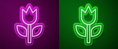 Glowing neon line Photo mode macro icon isolated on purple and green background.  Vector