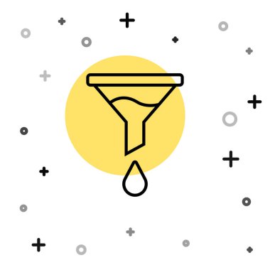 Beyaz arkaplanda siyah çizgi hunisi veya filtre simgesi izole edildi. Rastgele dinamik şekiller. Vektör