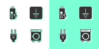 Yıkama, pil şarjı, elektrik prizi ve elektrik sembolü yer simgesini ayarla. Vektör