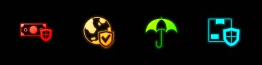 Set Money with shield, Shield world globe, Umbrella and Delivery security icon. Vector
