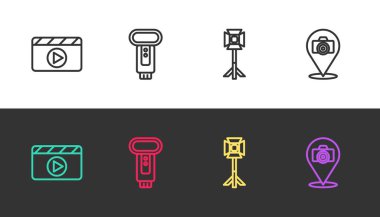 Çizgi film alkışı, fotoğraf makinesi flaşı, stüdyo ampulü yumuşak kutuda ve siyah beyaz üzerine ayarlayın. Vektör