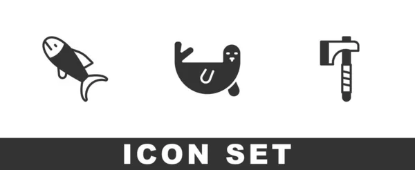 Set Fish Fur Seal Animal Wooden Axe Icon Vector — Stock Vector