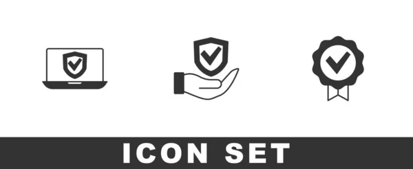 Set Insurance Online Shield Hand Approved Check Mark Icon Vector — Vetor de Stock