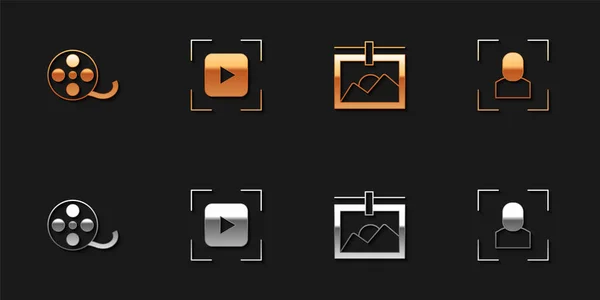 Set Film Reel Camera Focus Frame Line Photo Icon Vector — Stock vektor