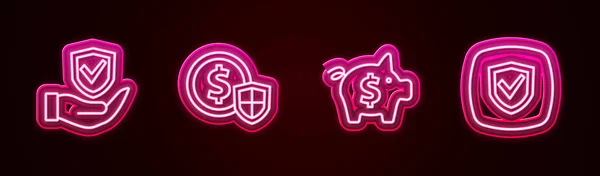 Set Line Shield Hand Money Shield Piggy Bank Glowing Neon — Stockvektor