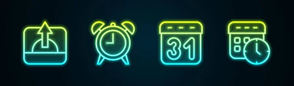 Set Line Sunrise Alarm Clock Calendar Glowing Neon Icon Vector — Image vectorielle