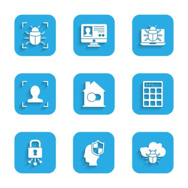 Set Smart home, Head with shield, System bug on cloud, Password protection, Cyber security, Face recognition, monitor and  icon. Vector