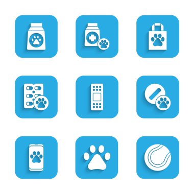Bandaj bandı, pençe izi, tenis topu, köpek hapı, veteriner kliniği, alışveriş torbası hayvanı ve yiyecek ikonu. Vektör