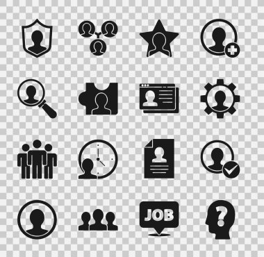 Baş 'ı soru işaretiyle ayarla, hesap ekranı, insan teçhizatı, avlanma, arama için büyüteç, Kullanıcı koruması ve Devam simgesi oluştur. Vektör