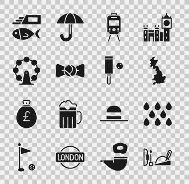 Robin Hood şapkası, su damlası, İngiltere haritası, tramvay demiryolu, papyon, Londra gözü, balık cipsi ve kriket sopası ikonu. Vektör