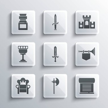 Ortaçağ baltası, ferman, parşömen, parşömen, parşömen, bayraklı trompet, kılıç, taht, kadeh, şişedeki zehir, kale ikonu. Vektör