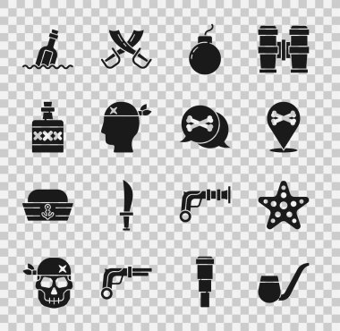 Sigara piposu, denizyıldızı, yer korsanı, patlamaya hazır bomba, korsan kaptan, alkol içeceği rom, mesaj suyu ve ikon içeren şişe. Vektör