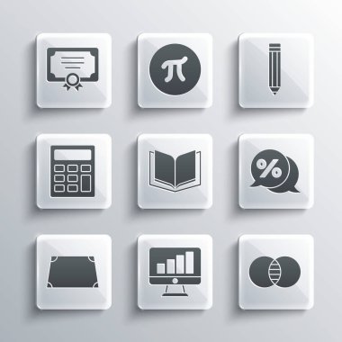 Bilgisayar monitörünü grafik tablosu, Matematik seti A ve B, indirimli yüzde etiketi, Açık kitap, akut trapezoid şekli, hesap makinesi, sertifika şablonu ve kalem simgesi ile ayarla. Vektör