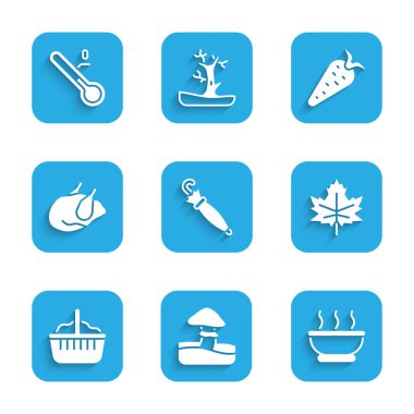 Şemsiye, mantar, bir kase sıcak çorba, yaprak ya da yaprak, sepet, kızarmış hindi tavuk, havuç ve termometre ikonu. Vektör