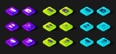 Dalış maskesi, denizanası, Fast Street yemek arabası, trafik levhası, bavul ve klima ikonu. Vektör