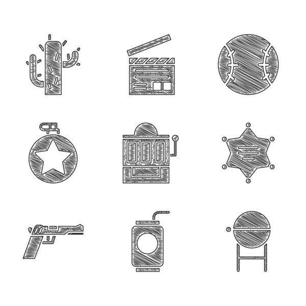 Set Slot Machine Soda Can Straw Barbecue Grill Hexagram Sheriff — Image vectorielle